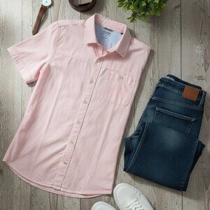 IZOD Saltwater Mens Medium Pink Shirt Short Sleeve Chambray Cotton Solid